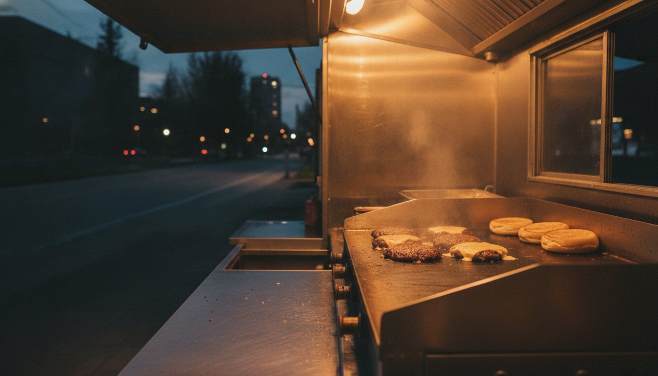 Chapa quente iluminada com hambúrgueres prensados e clientes em pé ao redor de um trailer noturno.