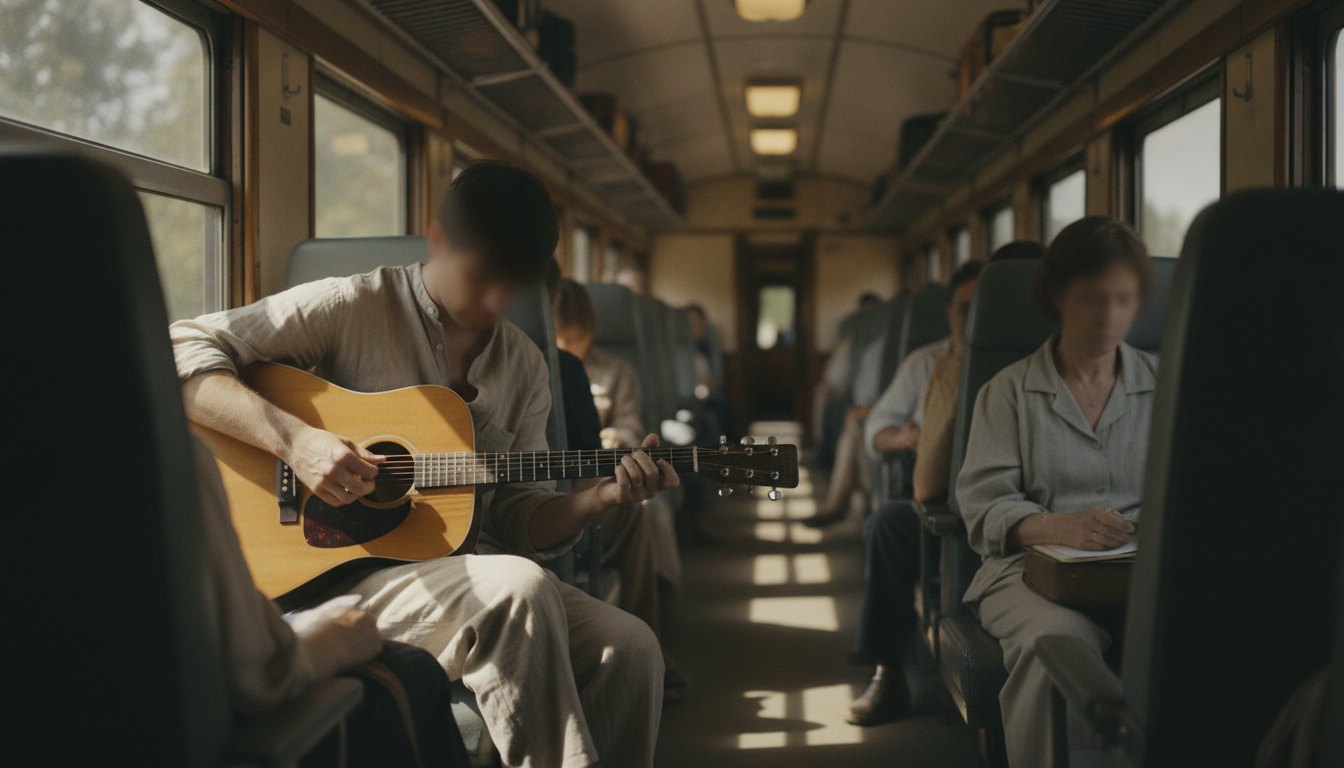 Homem tocando violão no corredor de um vagão de trem com passageiros sentados ao fundo.