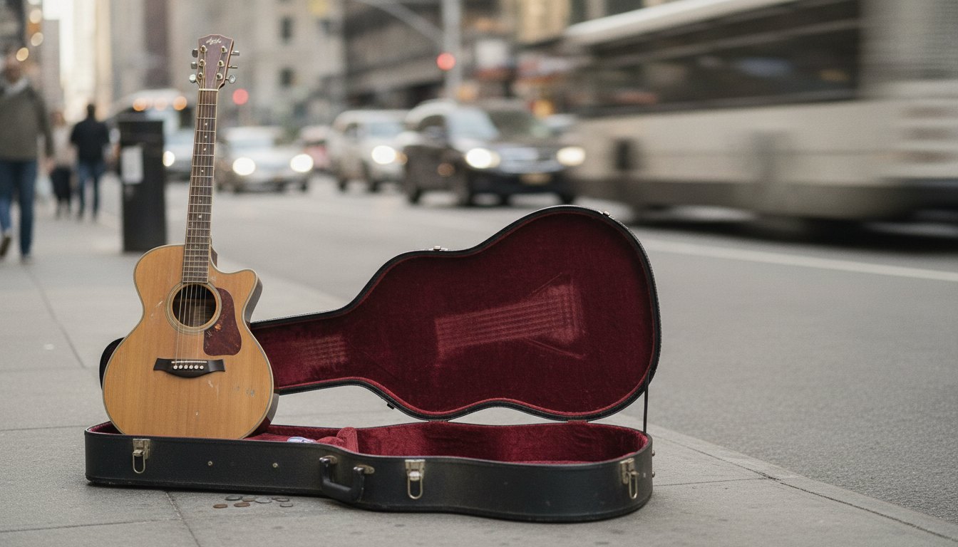 Homem tocando violão acústico com o estojo aberto na calçada de uma avenida movimentada.