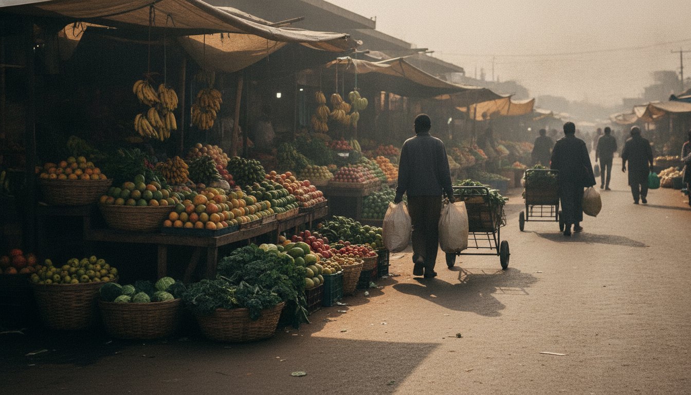 Barracas de frutas e legumes em rua asfaltada com moradores caminhando com sacolas e carrinhos.