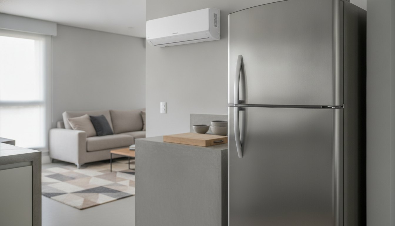 Geladeira de aço escovado e unidade interna de ar condicionado em uma cozinha de apartamento.