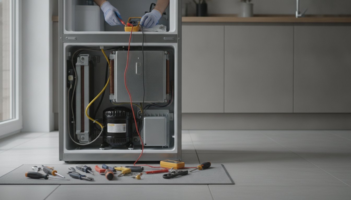 Técnico inspecionando a parte traseira de um refrigerador com ferramentas manuais em uma cozinha.