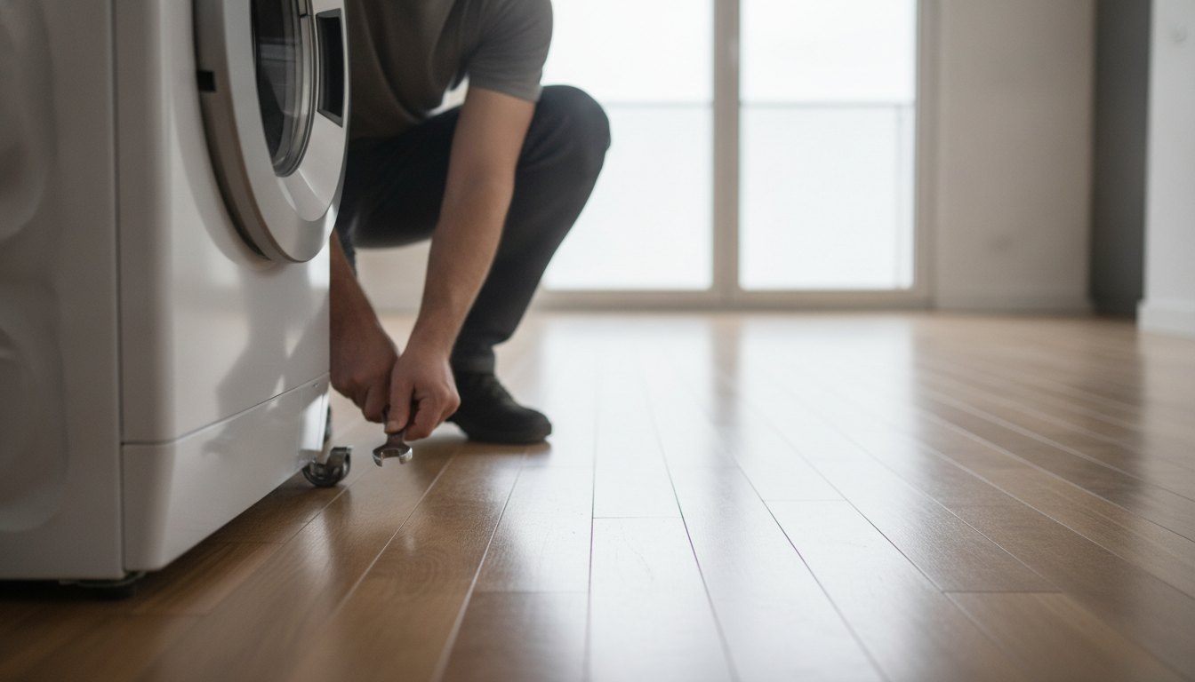 Homem agachado em piso de madeira ajustando os pés niveladores de uma lavadora de roupas.