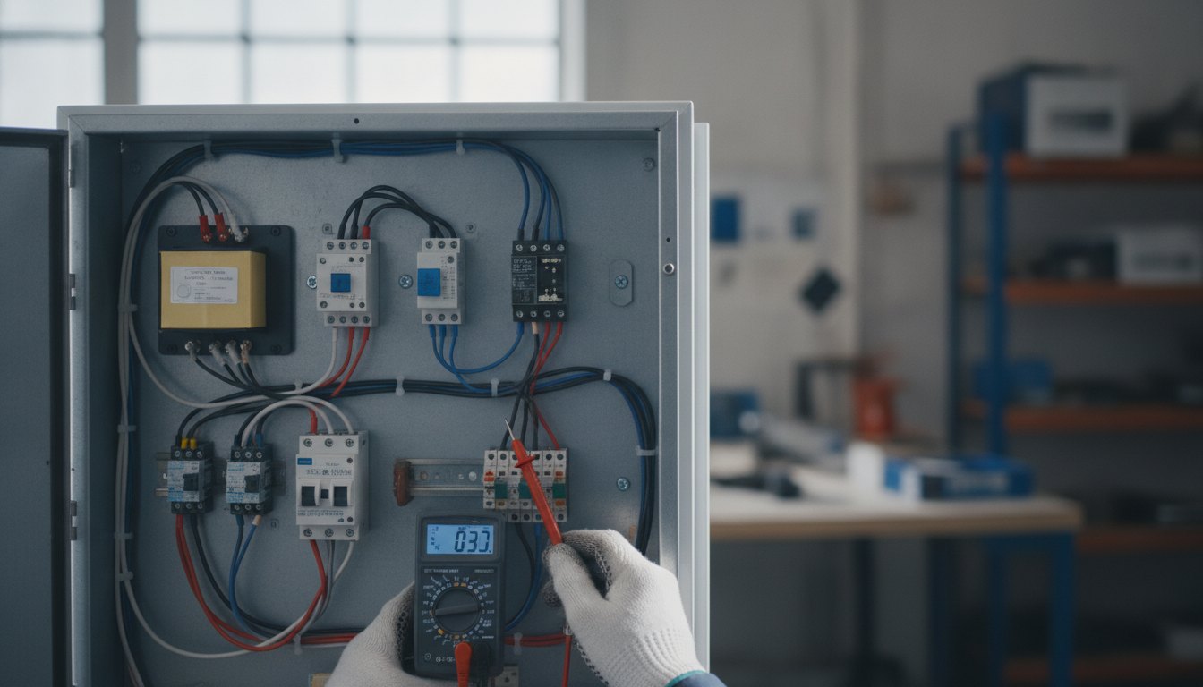 Técnico medindo a resistência elétrica no painel interno de um refrigerador com um multímetro.