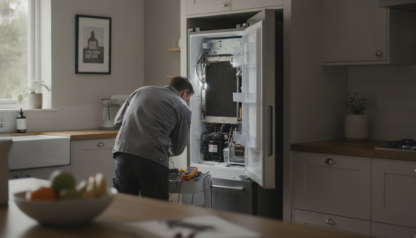 Técnico de costas analisando o motor de uma geladeira aberta na cozinha de uma casa.