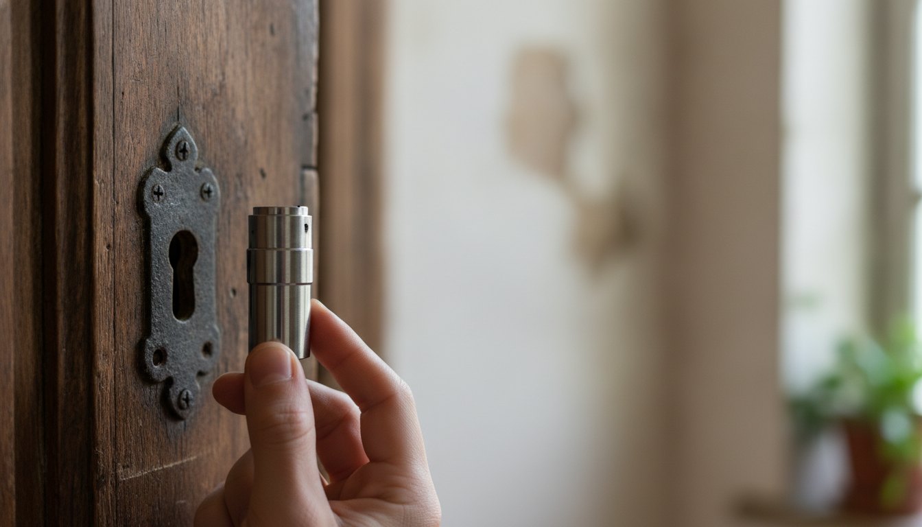 Pessoa segurando um miolo de fechadura prateado ao lado de uma porta de madeira.