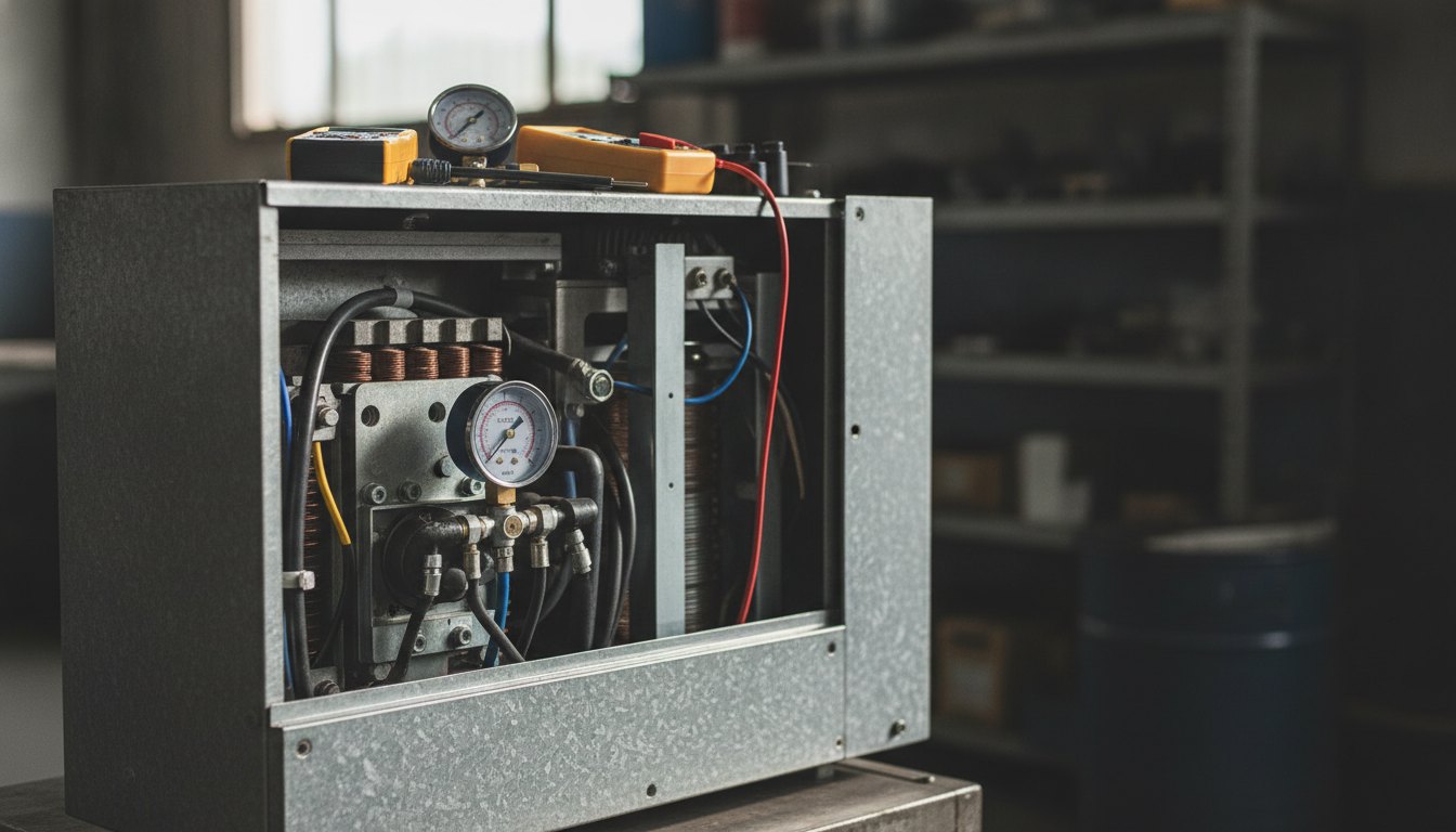 Compressor de refrigeração exposto com ferramentas de medição apoiadas sobre a carcaça metálica.