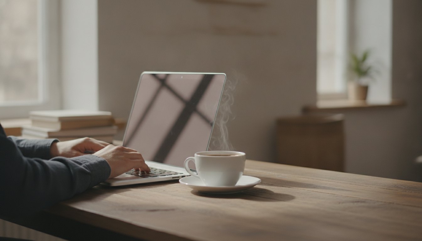 Jovem digitando em notebook sobre mesa de madeira ao lado de xícara de café e pires.