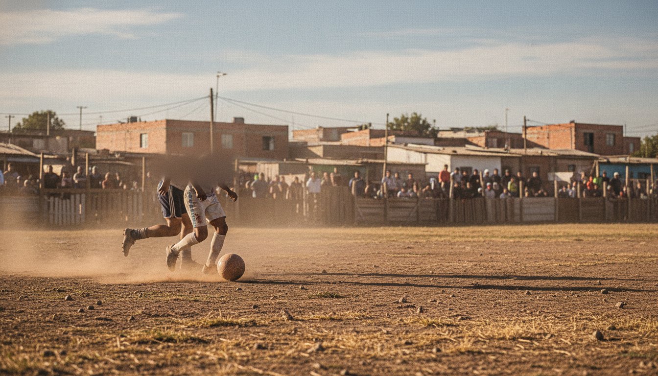 Jogadores amadores disputam bola em campo de terra cercado por torcedores em bairro periférico.