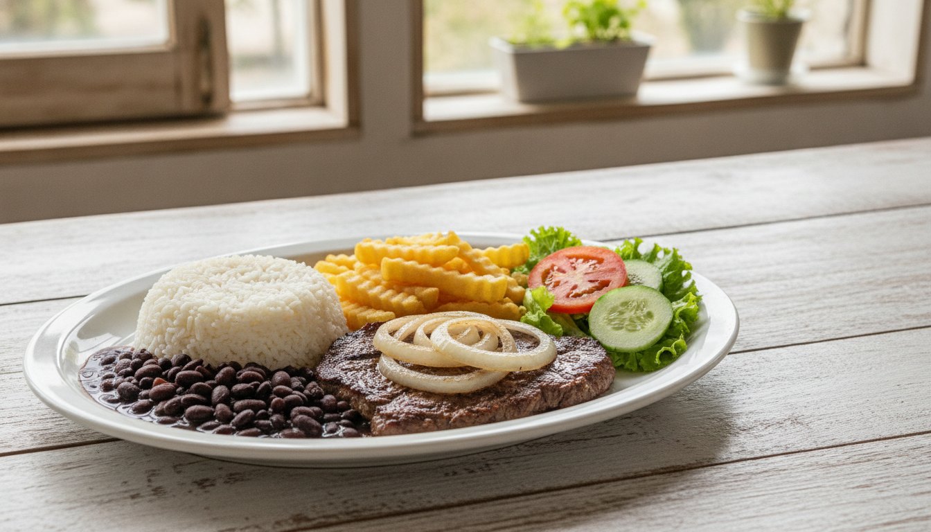 Prato branco com arroz, feijão, bife acebolado, batatas fritas e salada sobre mesa de madeira.