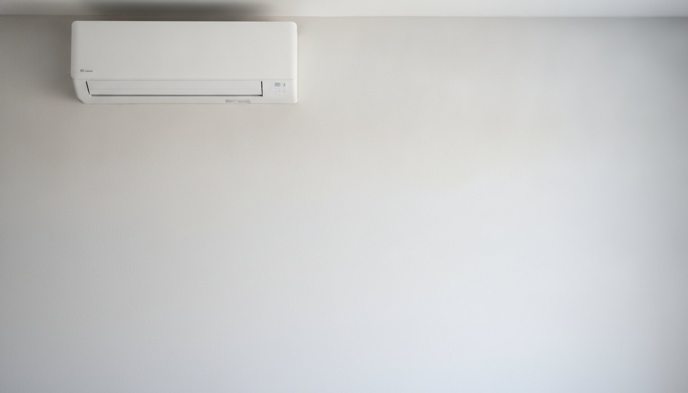 Aparelho de ar-condicionado split branco instalado na parte superior de uma parede clara.
