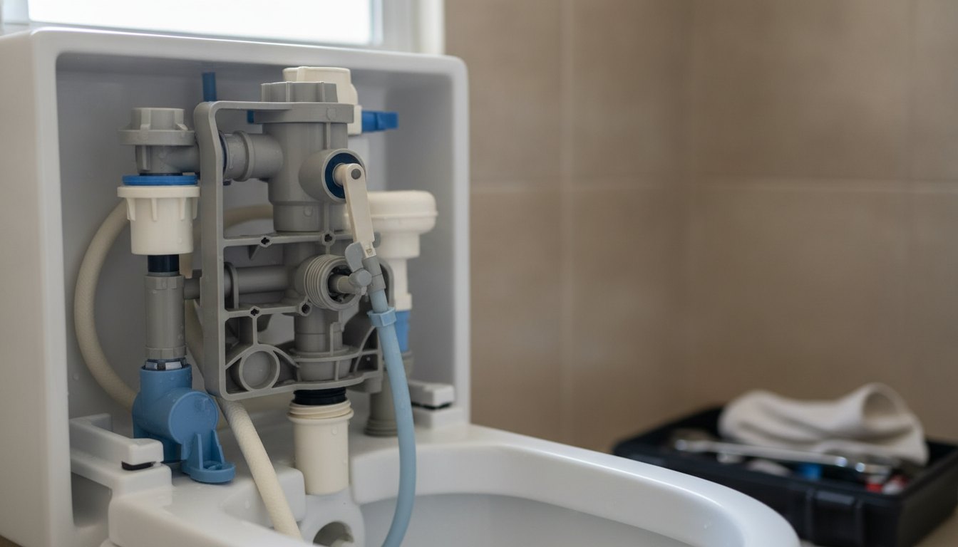 Mecanismo interno de uma caixa acoplada de vaso sanitário exposto durante procedimento de manutenção residencial.