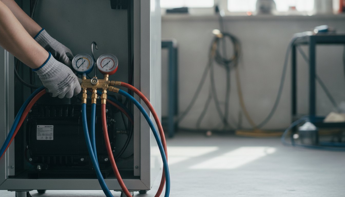 Técnico com luvas conectando mangueiras de manômetro nas válvulas do motor traseiro de uma geladeira.