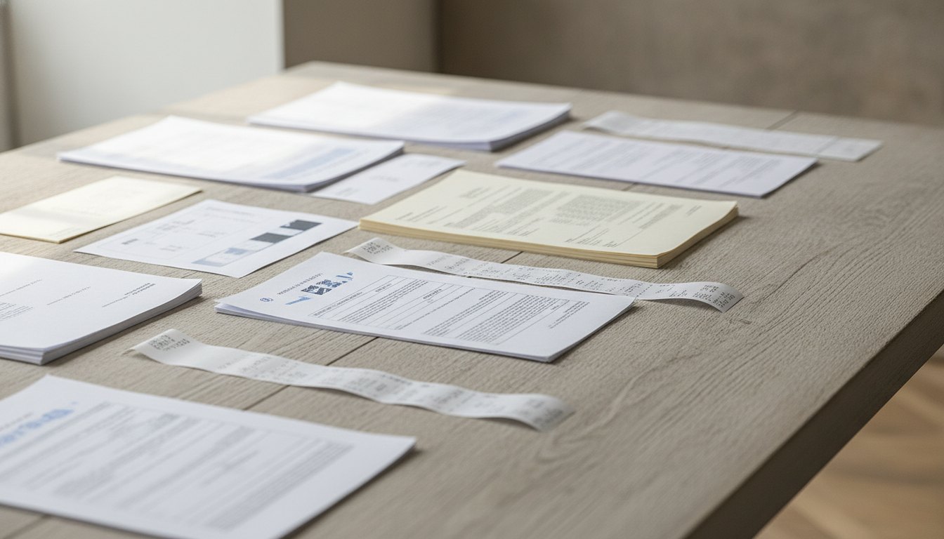 Mãos de um homem organizando documentos impressos e recibos bancários sobre uma mesa de madeira.